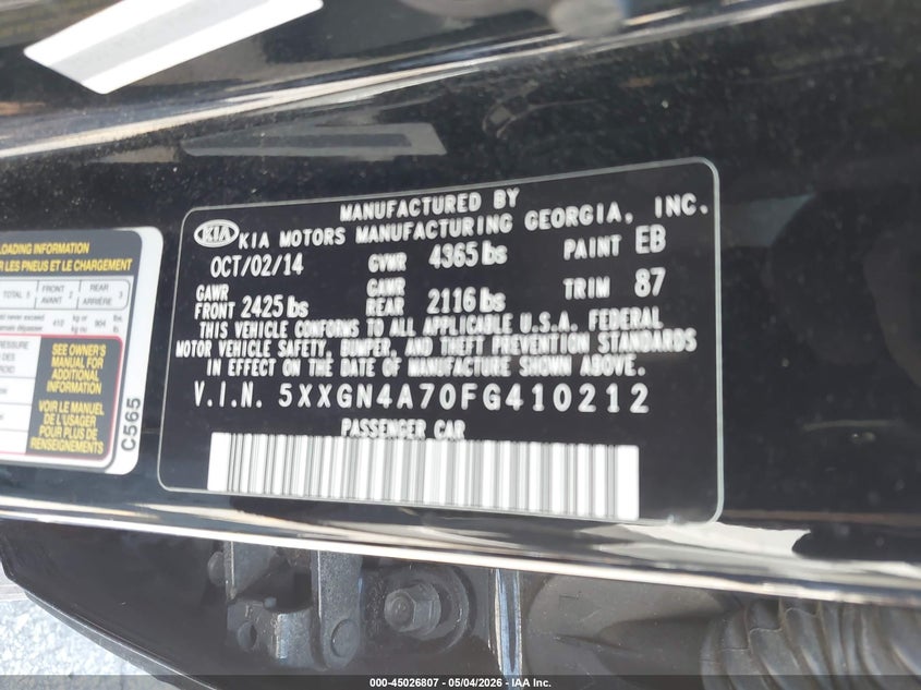 2015 Kia Optima VIN 5XXGN4A70FG410212 IAAI salvage auction — FRONT & REAR, Salvage (Georgia), sold $825 on 2026-07-15 (photo 9)