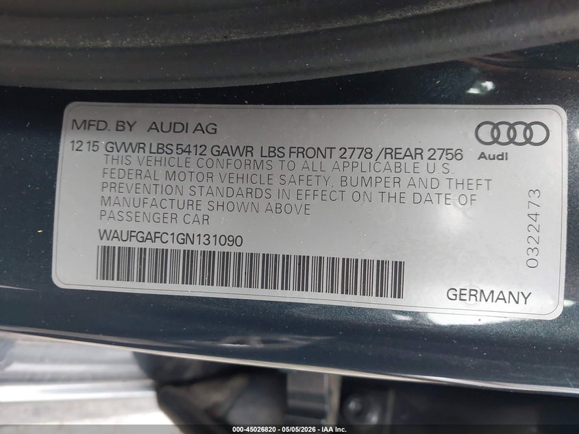 2016 Audi A6 VIN WAUFGAFC1GN131090 IAAI salvage auction — FRONT END, Salvage (California), sold $100 on 2026-07-30 (photo 9)