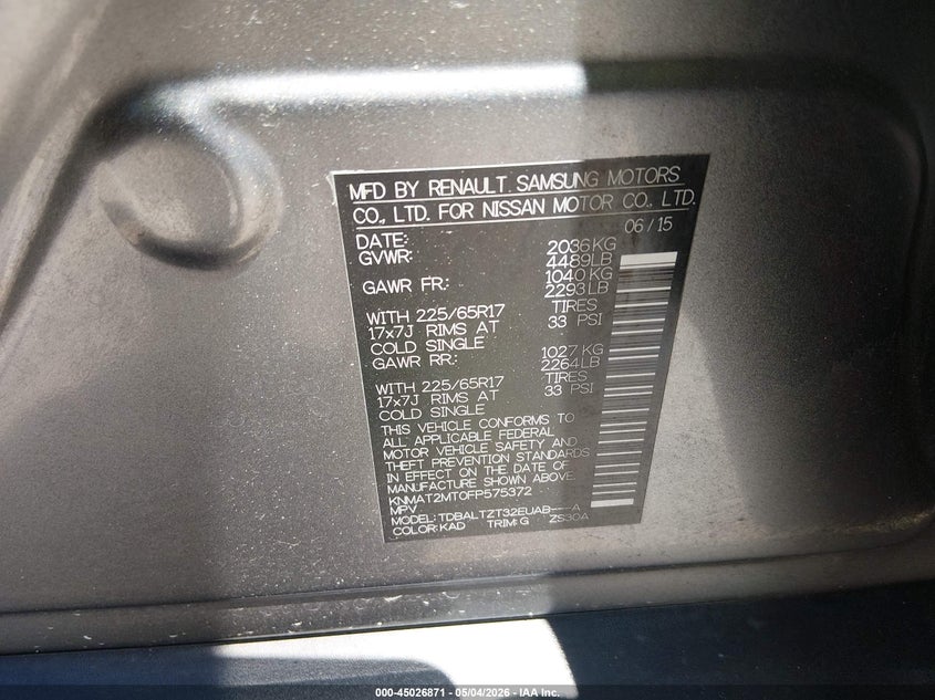 2015 Nissan Rogue VIN KNMAT2MT0FP575372 IAAI salvage auction — REAR END, Salvage (Mississippi), sold $1,800 on 2026-07-09 (photo 9)