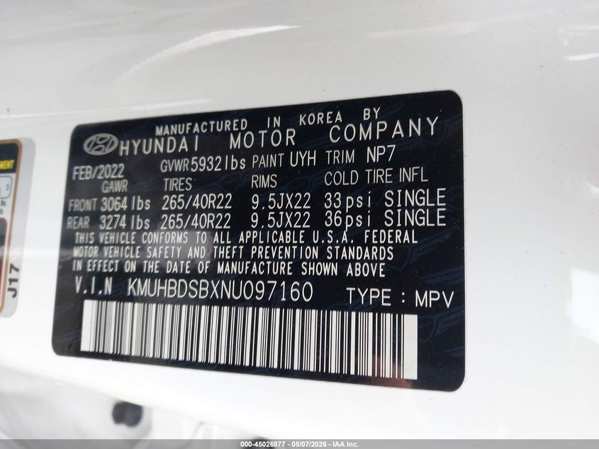 2022 Genesis Gv80 VIN KMUHBDSBXNU097160 IAAI salvage auction — FRONT END, Mv-907A (New York), sold $18,250 on 2026-07-14 (photo 9)