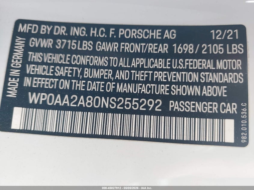 2022 Porsche 718 cayman VIN WP0AA2A80NS255292 IAAI salvage auction — FRONT END, Salvage (California), sold $22,500 on 2026-08-17 (photo 9)