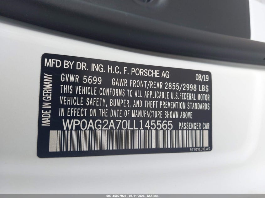 2020 Porsche Panamera VIN WP0AG2A70LL145565 IAAI salvage auction — LEFT SIDE, Rebuildable (Florida), sold $36,250 on 2026-07-20 (photo 9)