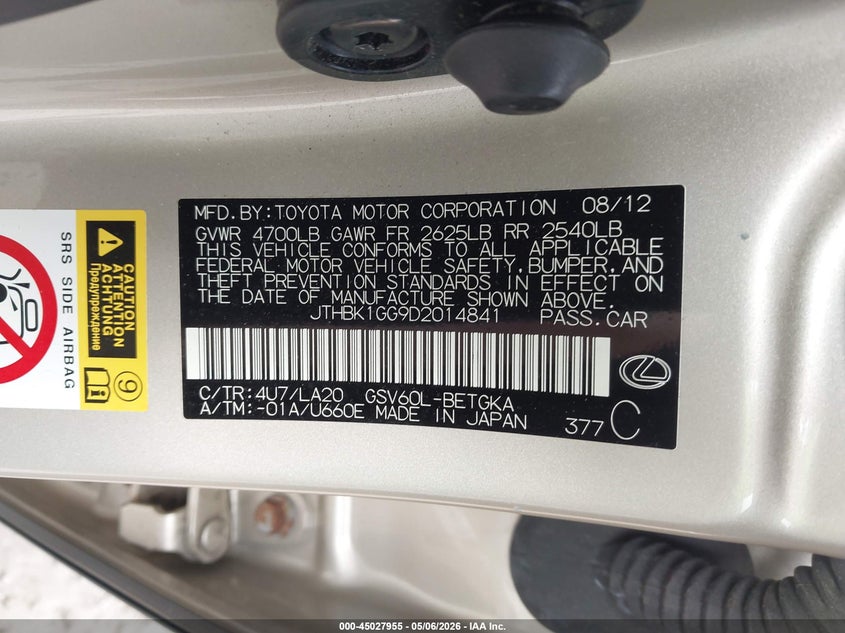 2013 Lexus ES VIN JTHBK1GG9D2014841 IAAI salvage auction — FRONT END, Salvage (Pennsylvania), sold $2,500 on 2026-07-14 (photo 9)