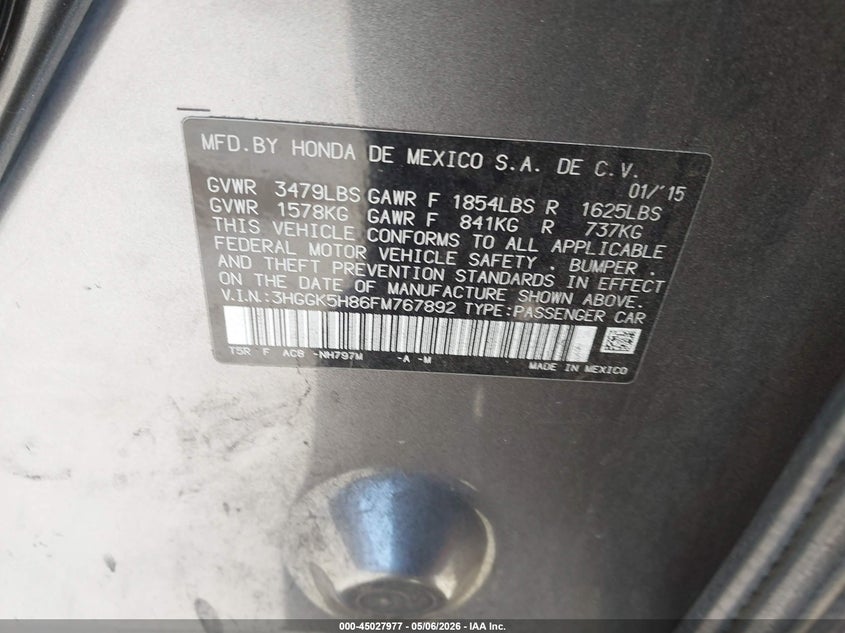 2015 Honda Fit VIN 3HGGK5H86FM767892 IAAI salvage auction — FRONT END, Salvage (California), sold $1,050 on 2026-07-09 (photo 9)