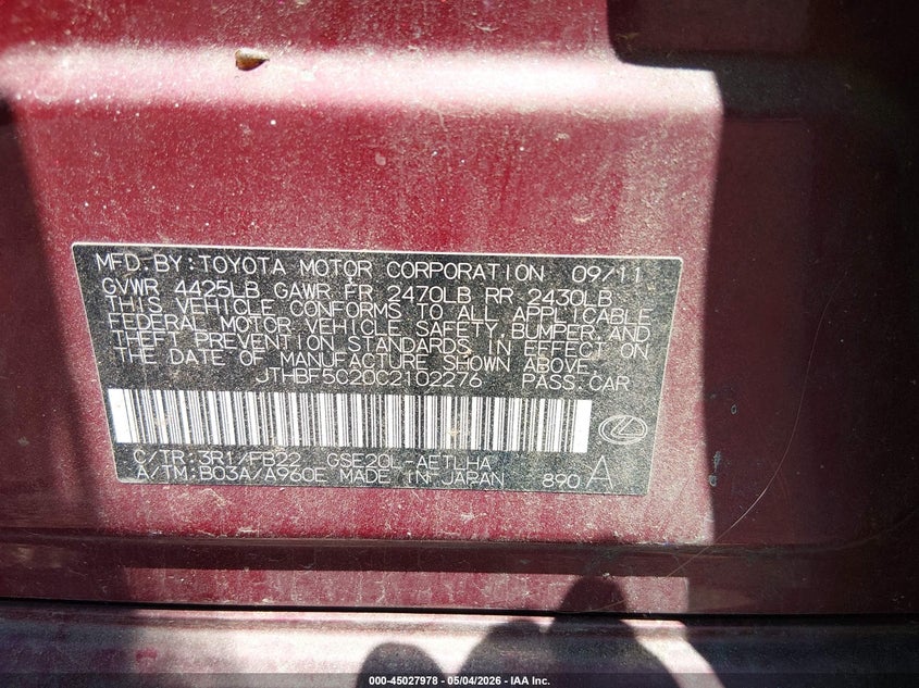 2012 Lexus Is VIN JTHBF5C20C2102276 IAAI salvage auction — FRONT END, Salvage (South Carolina), sold $325 on 2026-07-14 (photo 9)