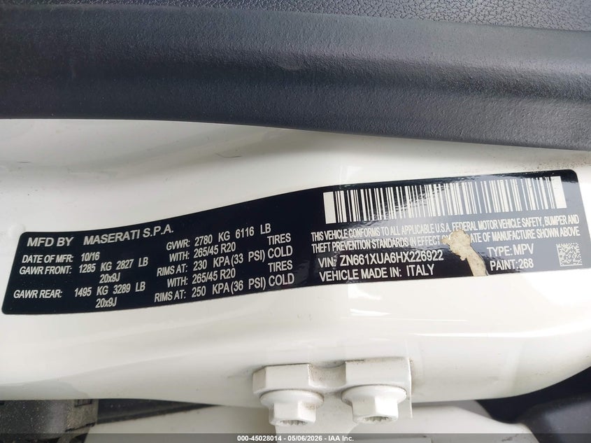 2017 Maserati Levante VIN ZN661XUA6HX226922 IAAI salvage auction — FRONT END, Salvage Title, sold $4,850 on 2026-08-29 (photo 9)