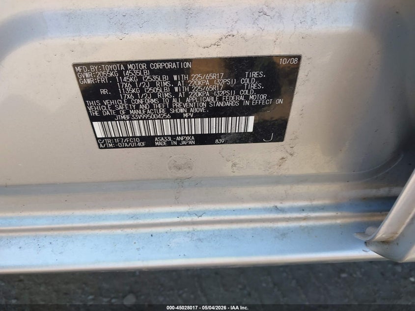 2009 Toyota Rav4 VIN JTMBF33V995004256 IAAI salvage auction — NORMAL WEAR, Salvage (Texas), sold $1,925 on 2026-07-28 (photo 9)