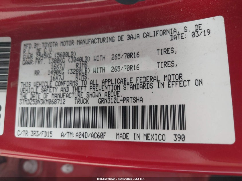2019 Toyota Tacoma VIN 3TMDZ5BN3KM068712 IAAI salvage auction — FRONT END, Salvage (Arizona), sold $6,225 on 2026-07-09 (photo 9)