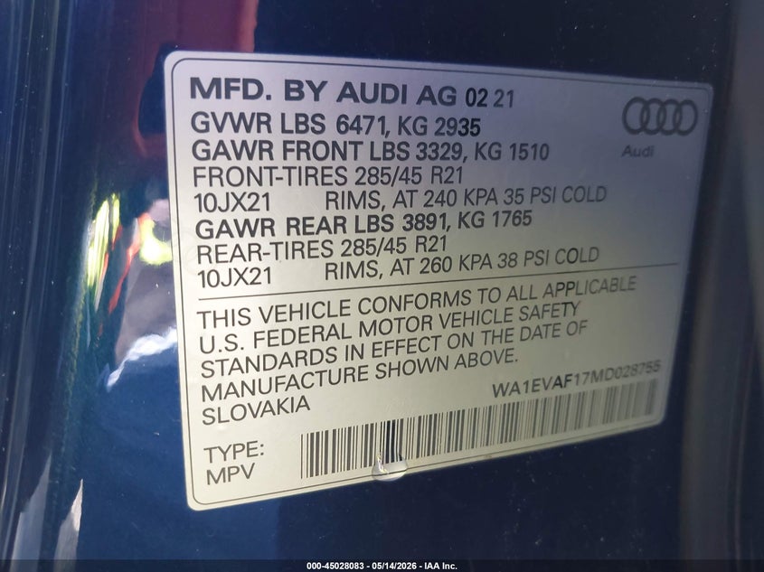 2021 Audi Q8 VIN WA1EVAF17MD028755 IAAI salvage auction — FRONT END, Salvage (Arizona), sold $14,200 on 2026-07-06 (photo 9)