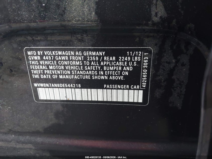 2013 Volkswagen VIN WVWBN7AN8DE544218 IAAI salvage auction — REAR END, Salvage (North Carolina), sold $1,350 on 2026-07-16 (photo 9)