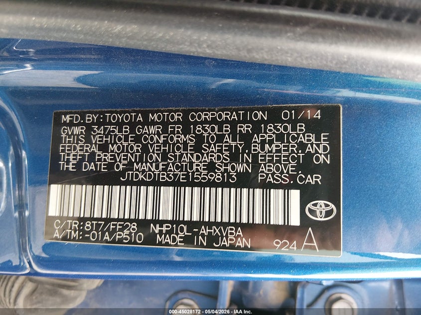 2014 Toyota Prius c VIN JTDKDTB37E1559813 IAAI salvage auction — FRONT END, Salvage (New Mexico), sold $300 on 2026-07-20 (photo 9)