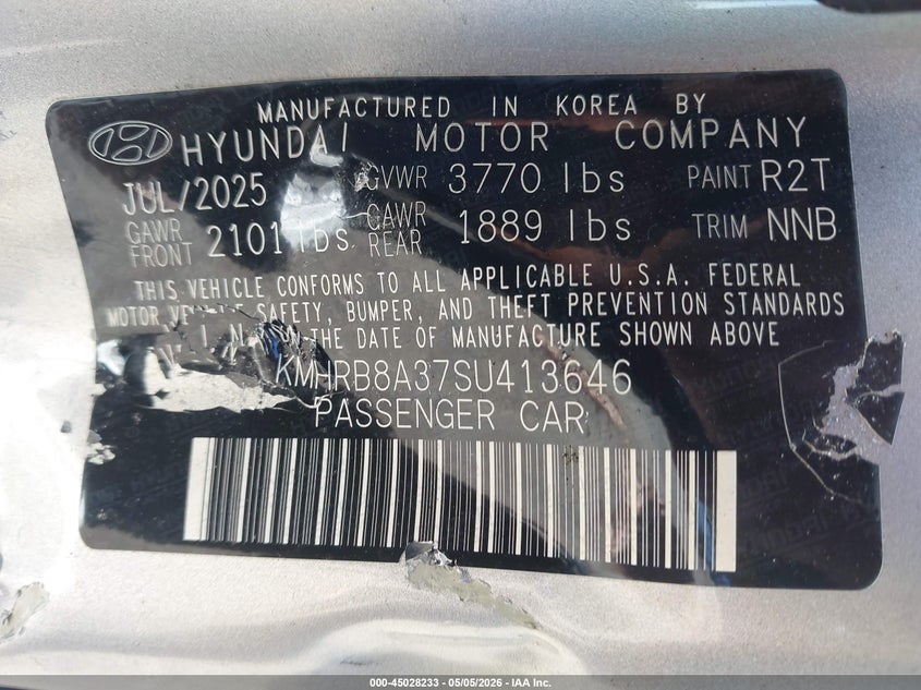 2025 Hyundai Venue VIN KMHRB8A37SU413646 IAAI salvage auction — LEFT SIDE, Salvage Title, sold $3,650 on 2026-07-29 (photo 9)