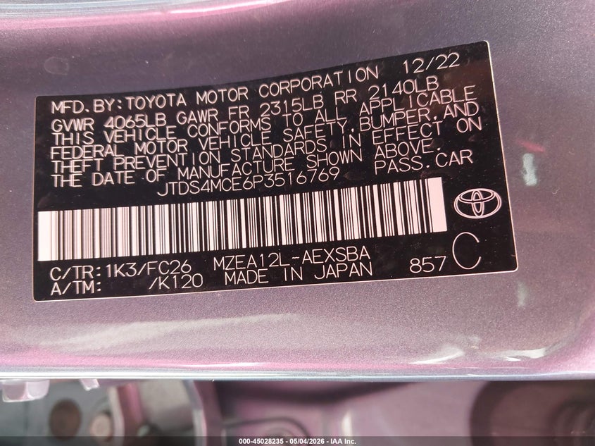 2023 Toyota Corolla VIN JTDS4MCE6P3516769 IAAI salvage auction — FRONT & REAR, Salvage Title, sold $50 on 2026-07-21 (photo 9)