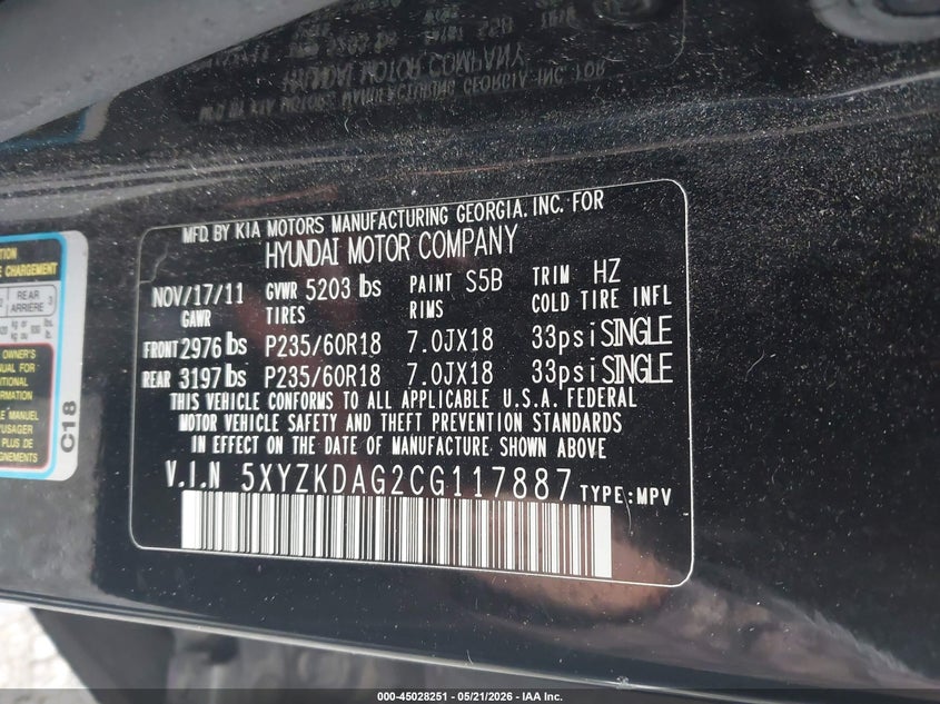 2012 Hyundai Santa fe VIN 5XYZKDAG2CG117887 IAAI salvage auction — FRONT END, Clear (Virginia), sold $1,350 on 2026-07-14 (photo 9)