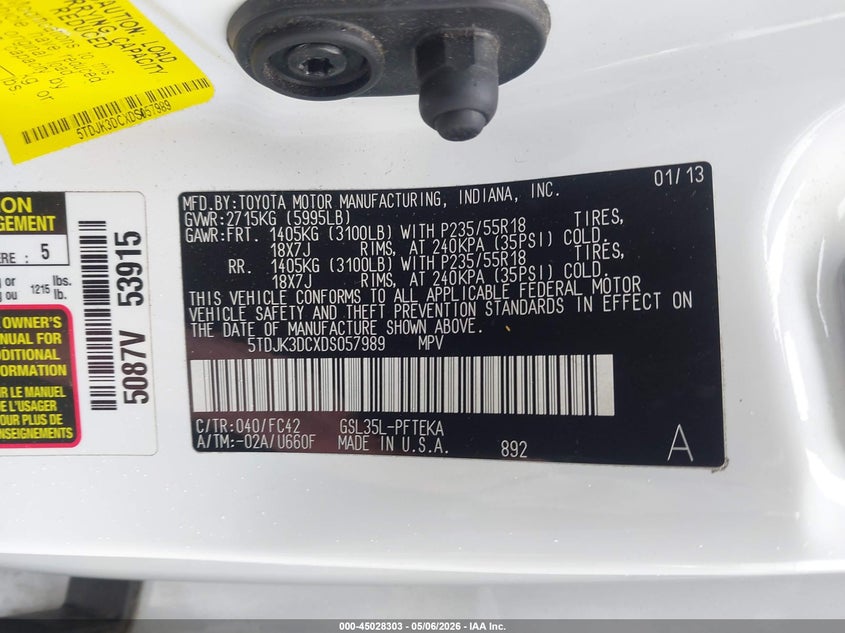2013 Toyota Sienna VIN 5TDJK3DCXDS057989 IAAI salvage auction — FRONT END, Salvage (West Virginia), sold $2,250 on 2026-07-28 (photo 9)