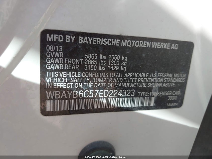 2014 BMW VIN WBAYB6C57ED224323 IAAI salvage auction — HAIL, Salvage (Iowa), sold $4,900 on 2026-07-20 (photo 9)