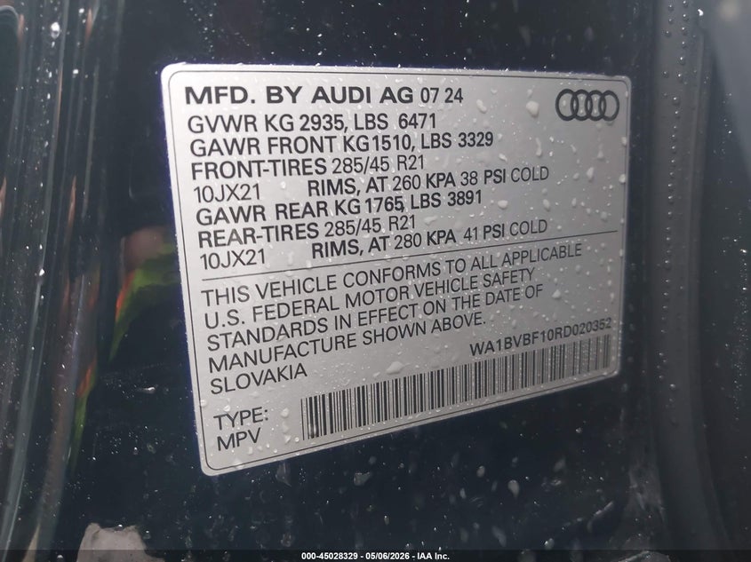 2024 Audi Q8 VIN WA1BVBF10RD020352 IAAI salvage auction — FRONT END, Salvage (Arkansas), sold $10,500 on 2026-07-08 (photo 9)