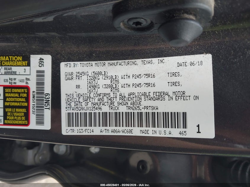 2018 Toyota Tacoma VIN 5TFAX5GNXJX125496 IAAI salvage auction — FRONT END, Salvage (South Carolina), sold $6,000 on 2026-07-24 (photo 9)