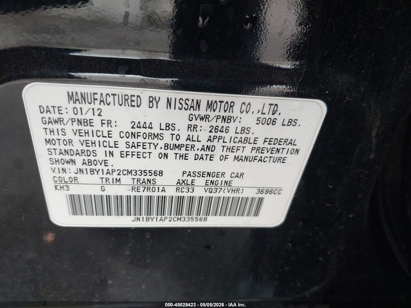2012 Infiniti M VIN JN1BY1AP2CM335568 IAAI salvage auction — RIGHT FRONT, Salvage (Arizona), sold $225 on 2026-07-09 (photo 9)