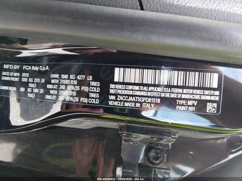 2016 Jeep Renegade VIN ZACCJAAT5GPD81518 IAAI salvage auction — FRONT END, Salvage (Louisiana), sold $300 on 2026-07-07 (photo 9)