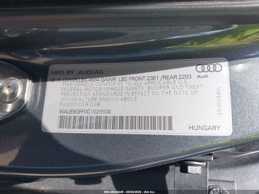 2016 Audi A3 VIN WAUE8GFF0G1029938 IAAI salvage auction — FRONT END, Clear (Indiana), sold $2,850 on 2026-07-07 (photo 9)