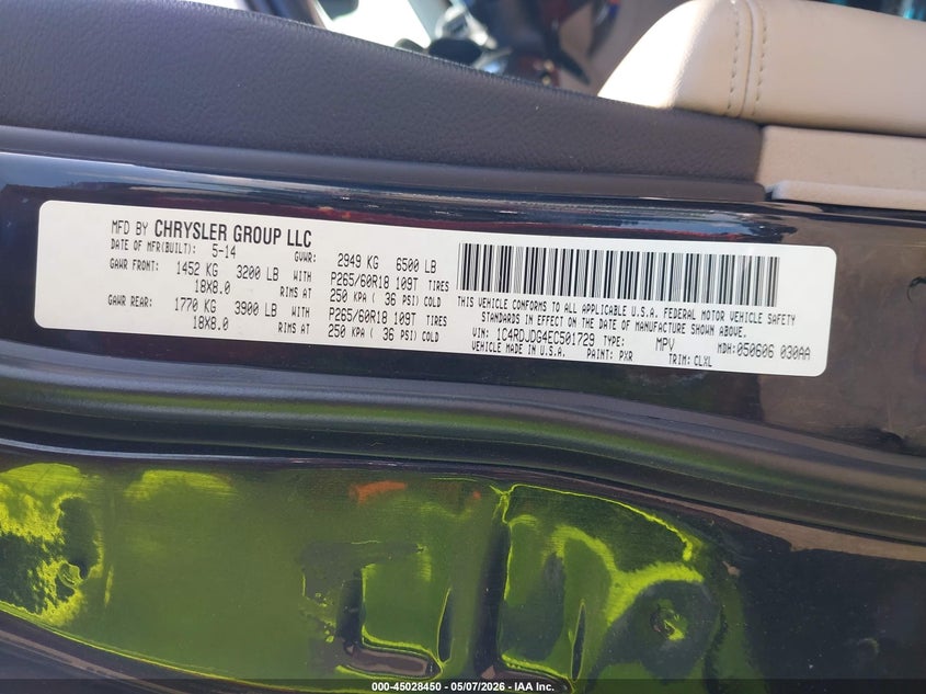 2014 Dodge Durango VIN 1C4RDJDG4EC501729 IAAI salvage auction — FRONT & REAR, Salvage (Illinois), sold $25 on 2026-07-09 (photo 9)