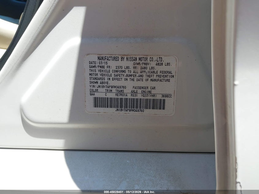 2015 Infiniti Q50 VIN JN1BV7AP9FM349760 IAAI salvage auction — RIGHT FRONT, Salvage (Tennessee), sold $2,700 on 2026-07-23 (photo 9)