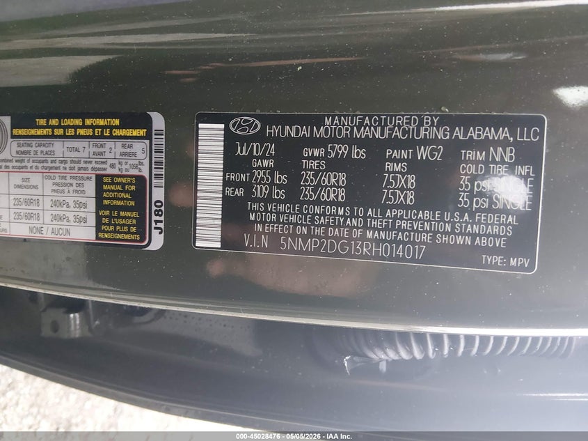 2024 Hyundai Santa fe VIN 5NMP2DG13RH014017 IAAI salvage auction — LEFT FRONT, Clear (Arkansas), sold $10,600 on 2026-07-09 (photo 9)