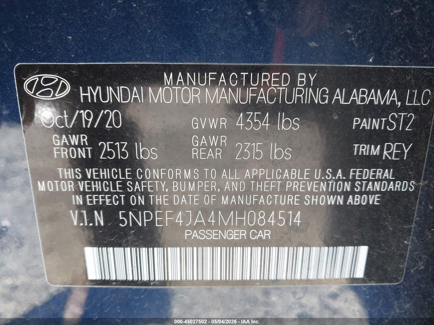 2021 Hyundai Sonata VIN 5NPEF4JA4MH084514 IAAI salvage auction — ALL OVER, Salvage (Oklahoma), sold $725 on 2026-07-14 (photo 9)