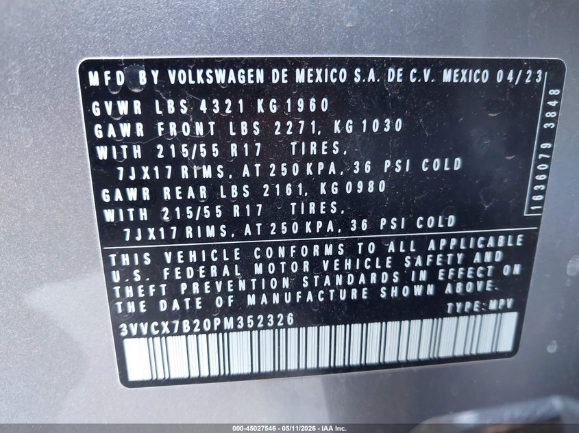 2023 Volkswagen Taos VIN 3VVCX7B20PM352326 IAAI salvage auction — FRONT END, Salvage Title, sold $6,800 on 2026-08-03 (photo 9)