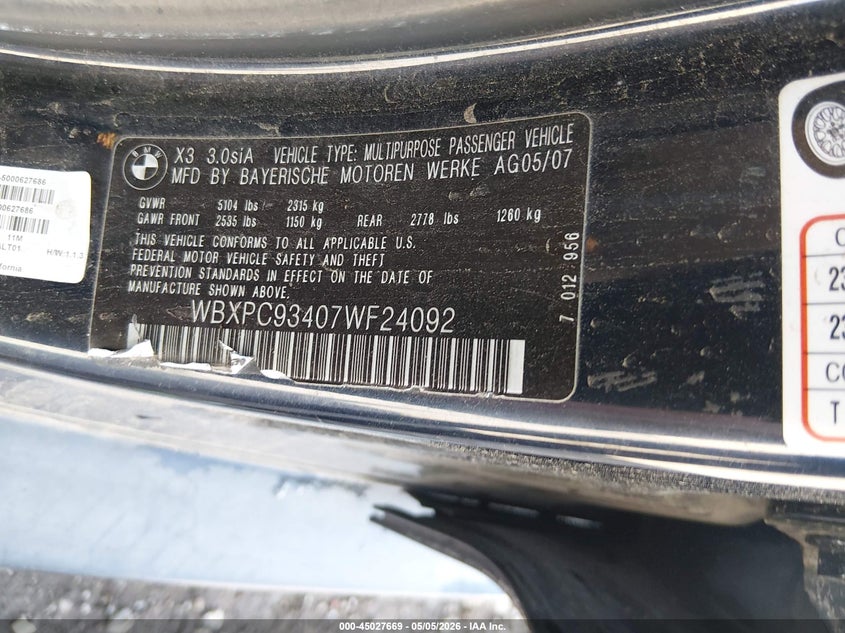 2007 BMW X3 VIN WBXPC93407WF24092 IAAI salvage auction — RIGHT REAR, Salvage (Nevada), sold $50 on 2026-07-10 (photo 9)