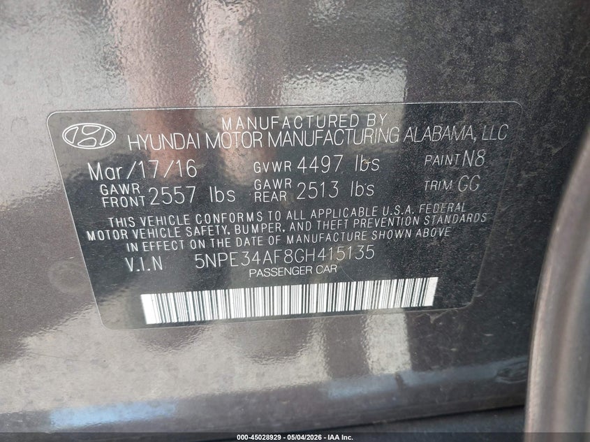2016 Hyundai Sonata VIN 5NPE34AF8GH415135 IAAI salvage auction — FRONT & REAR, Clear (Texas), sold $1,150 on 2026-07-09 (photo 9)