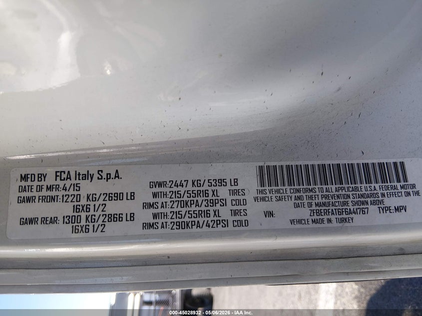 2015 Ram Promaster city VIN ZFBERFAT6F6A41767 IAAI salvage auction — RIGHT FRONT, Salvage (Nevada), sold $2,250 on 2026-07-10 (photo 9)