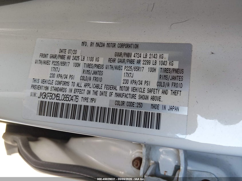 2020 Mazda Cx-5 VIN JM3KFBCM5L0850476 IAAI salvage auction — REAR END, Salvage (Maine), sold $6,700 on 2026-07-20 (photo 9)