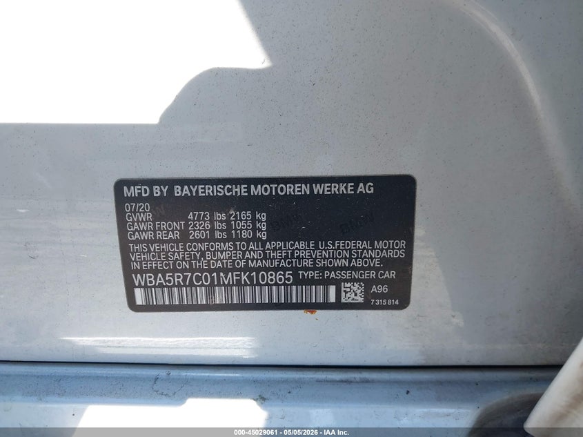 2021 BMW 3er VIN WBA5R7C01MFK10865 IAAI salvage auction — RIGHT FRONT, Salvage (Alabama), sold $10,650 on 2026-07-15 (photo 9)