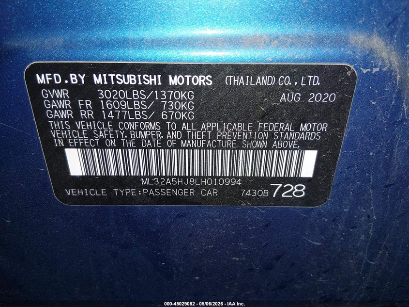 2020 Mitsubishi Mirage VIN ML32A5HJ8LH010994 IAAI salvage auction — FRONT END, Salvage Title, sold $1,850 on 2026-07-22 (photo 9)