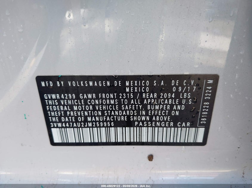2018 Volkswagen Golf gti VIN 3VW447AU2JM259956 IAAI salvage auction — ROLLOVER, Salvage (Nebraska), sold $1,400 on 2026-07-09 (photo 9)