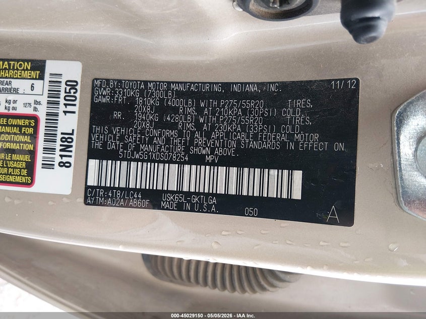 2013 Toyota Sequoia VIN 5TDJW5G1XDS078254 IAAI salvage auction — FRONT END, Salvage (New Mexico), sold $2,400 on 2026-07-13 (photo 9)