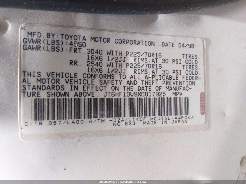 1999 Lexus Rx 300 VIN JT6HF10U9X0017925 IAAI salvage auction — REAR END, Salvage (Nevada), sold $225 on 2026-07-31 (photo 9)