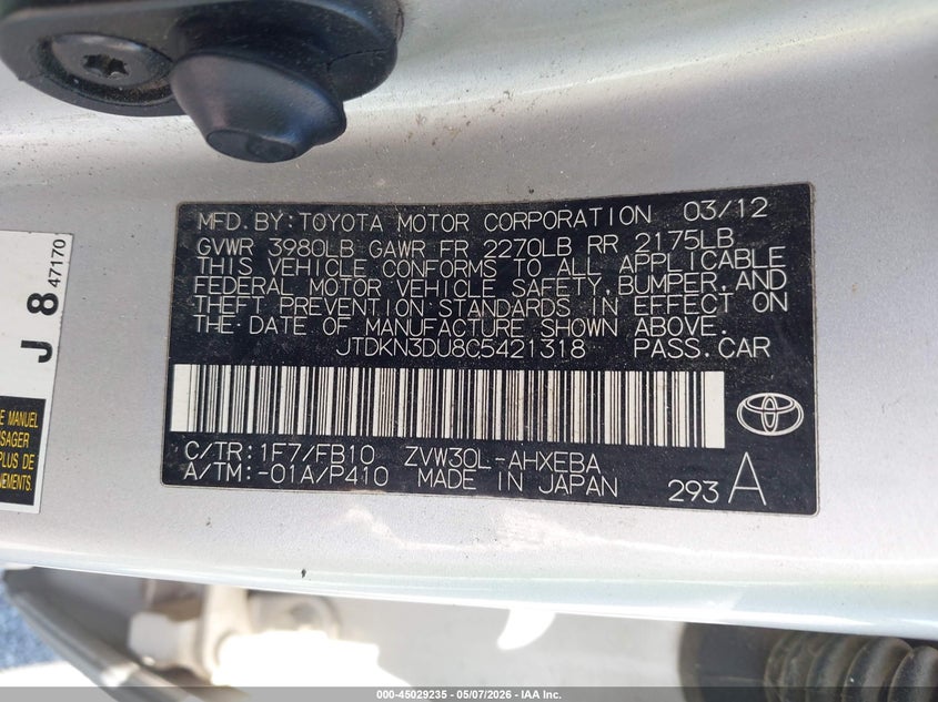 2012 Toyota Prius VIN JTDKN3DU8C5421318 IAAI salvage auction — HAIL, Salvage (Indiana), sold $1,100 on 2026-07-16 (photo 9)