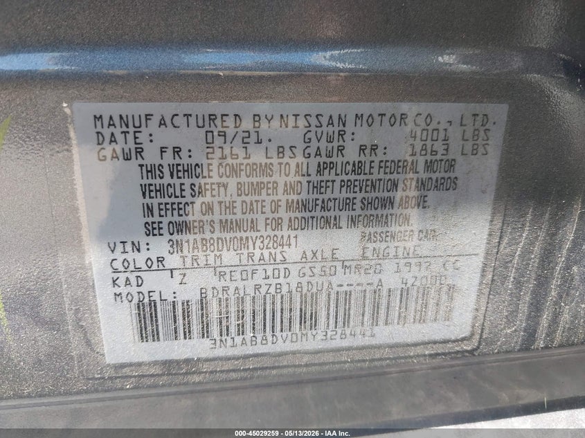 2021 Nissan Sentra VIN 3N1AB8DV0MY328441 IAAI salvage auction — LEFT REAR, Original (Texas), sold $4,075 on 2026-07-17 (photo 9)