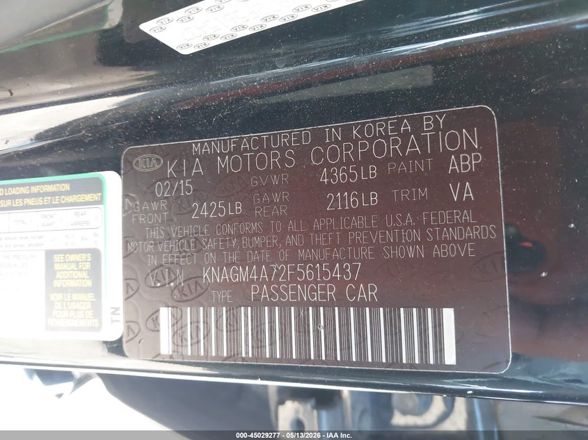 2015 Kia Optima VIN KNAGM4A72F5615437 IAAI salvage auction — MECHANICAL, Salvage (Arizona), sold $925 on 2026-07-07 (photo 9)