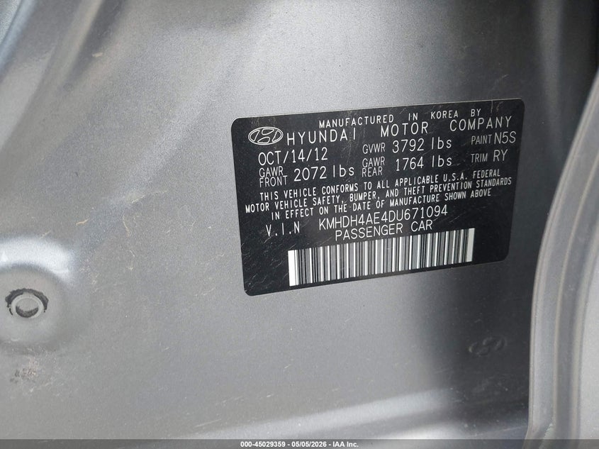 2013 Hyundai Elantra VIN KMHDH4AE4DU671094 IAAI salvage auction — RIGHT REAR, Bill Of Sale (Washington), sold $775 on 2026-07-22 (photo 9)