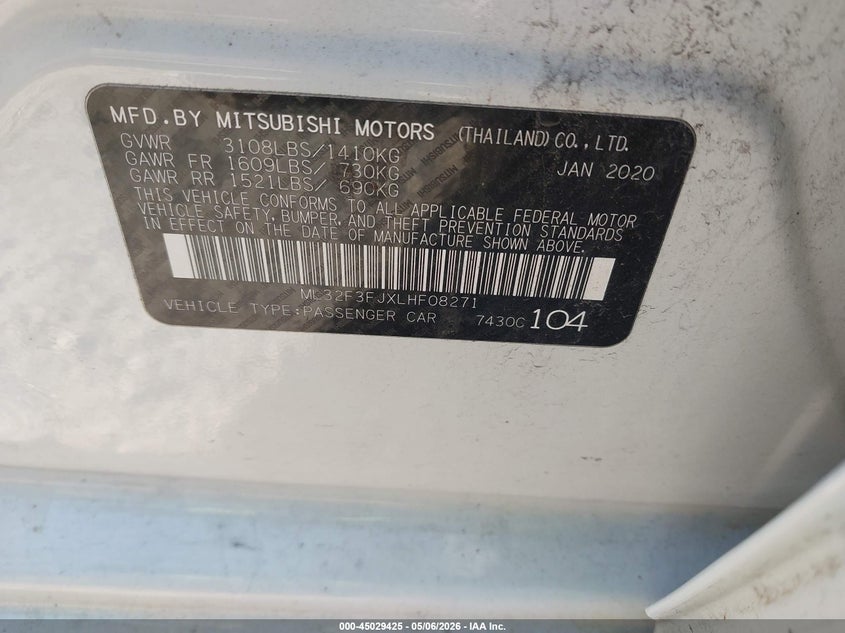 2020 Mitsubishi Mirage VIN ML32F3FJXLHF08271 IAAI salvage auction — FRONT END, Salvage (Pennsylvania), sold $175 on 2026-07-08 (photo 9)