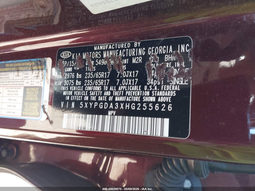 2017 Kia Sorento VIN 5XYPGDA3XHG255626 IAAI salvage auction — FRONT END, Salvage (Massachusetts), sold $1,350 on 2026-07-10 (photo 9)