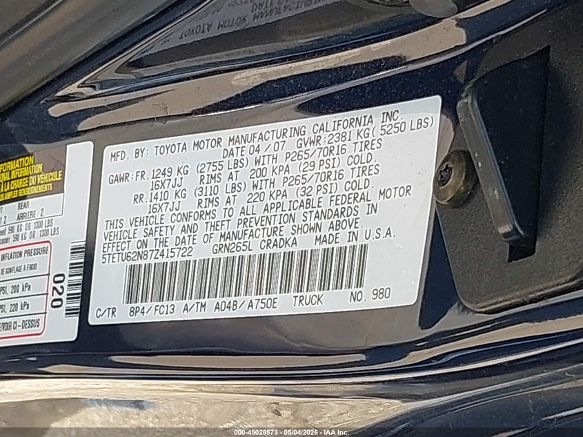2007 Toyota Tacoma VIN 5TETU62N87Z415722 IAAI salvage auction — HAIL, Clear (Indiana), sold $3,050 on 2026-07-24 (photo 9)