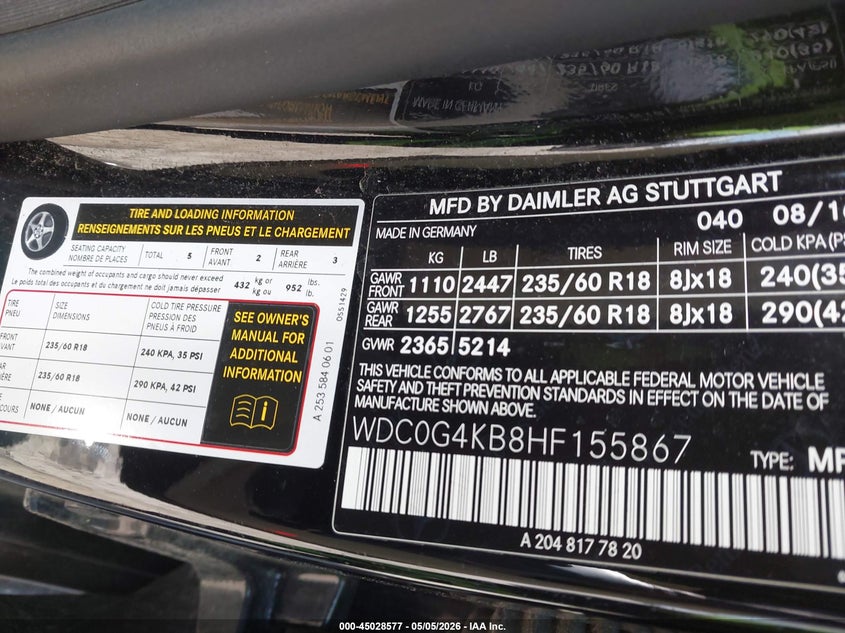 2017 Mercedes-benz Glc VIN WDC0G4KB8HF155867 IAAI salvage auction — LEFT FRONT, Clear (Indiana), sold $4,600 on 2026-07-07 (photo 9)