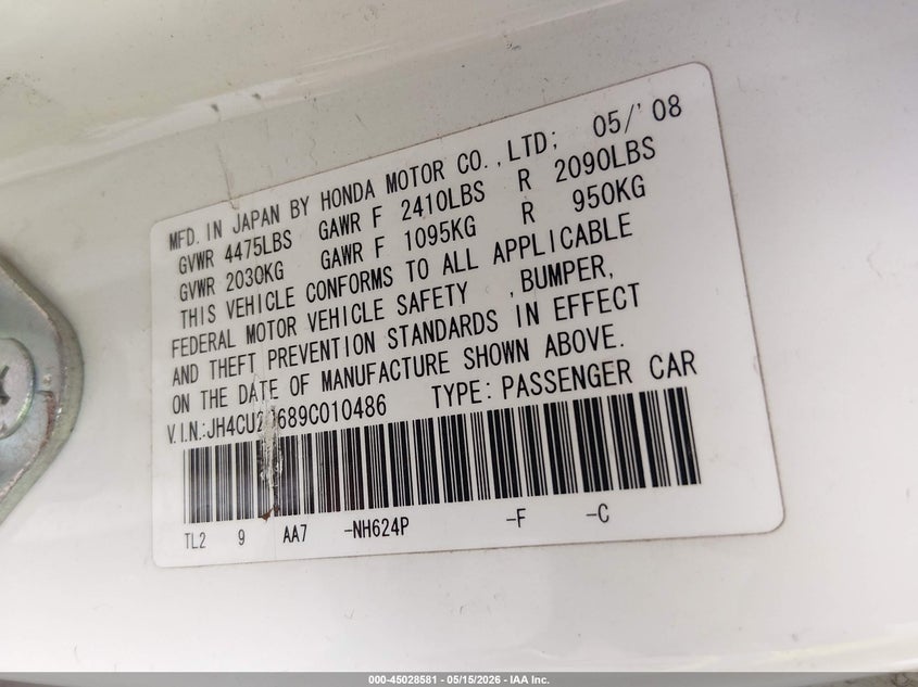 2009 Acura Tsx VIN JH4CU26689C010486 IAAI salvage auction — FRONT END, Clear (Oklahoma), sold $300 on 2026-07-21 (photo 9)