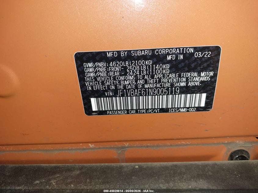 2022 Subaru Wrx VIN JF1VBAF61N9005119 IAAI salvage auction — ALL OVER, Salvage (Oregon), sold $5,800 on 2026-07-30 (photo 9)