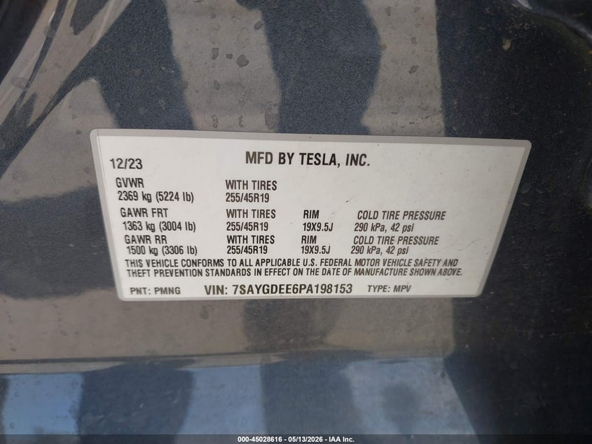 2023 Tesla Model y VIN 7SAYGDEE6PA198153 IAAI salvage auction — REAR END, Salvage (California), sold $11,350 on 2026-07-16 (photo 9)